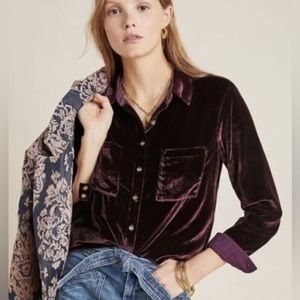 Anthropologie Maeve "Karina" Velvet Button Down Shirt in Maroon Red Size 6